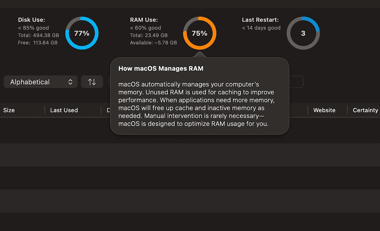 RAM use gauge Image: Focus on RAM usage gauge and popup description