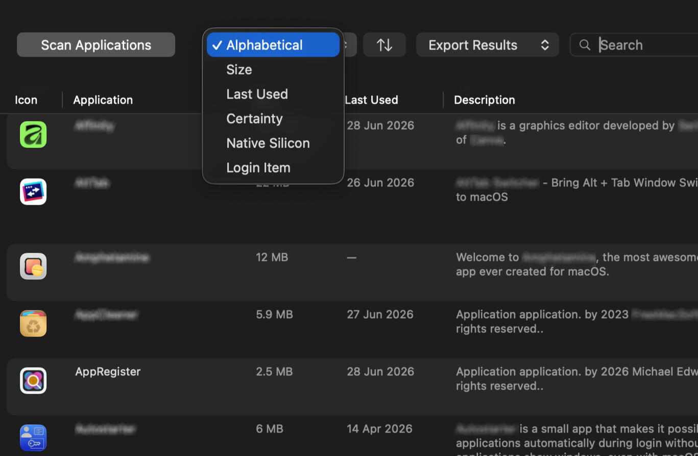 Sorting popup Image: Focus on Alphabetical, Site, Last Used, Certainty, Native Silicon and Login Item sorting