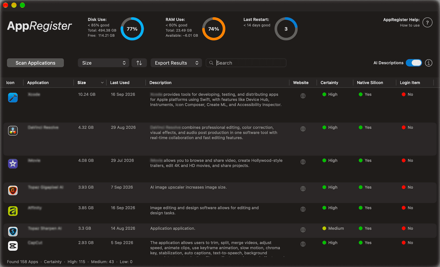 Main app window Image: Completed scan of Mac Applications